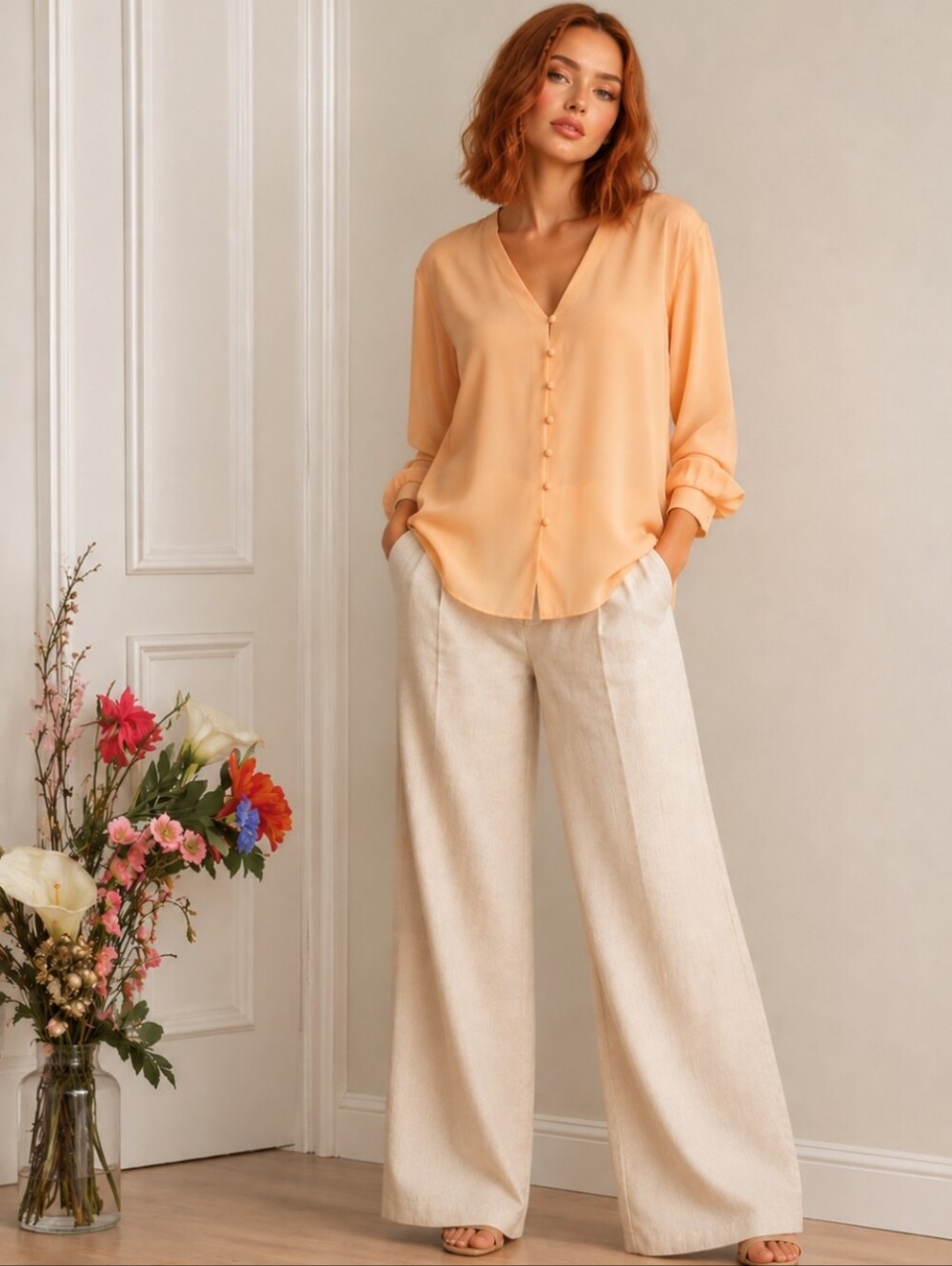 Vintage Y2K Jones New York Soft Peach Covered Button Crepe-Feel Blouse | Size 12